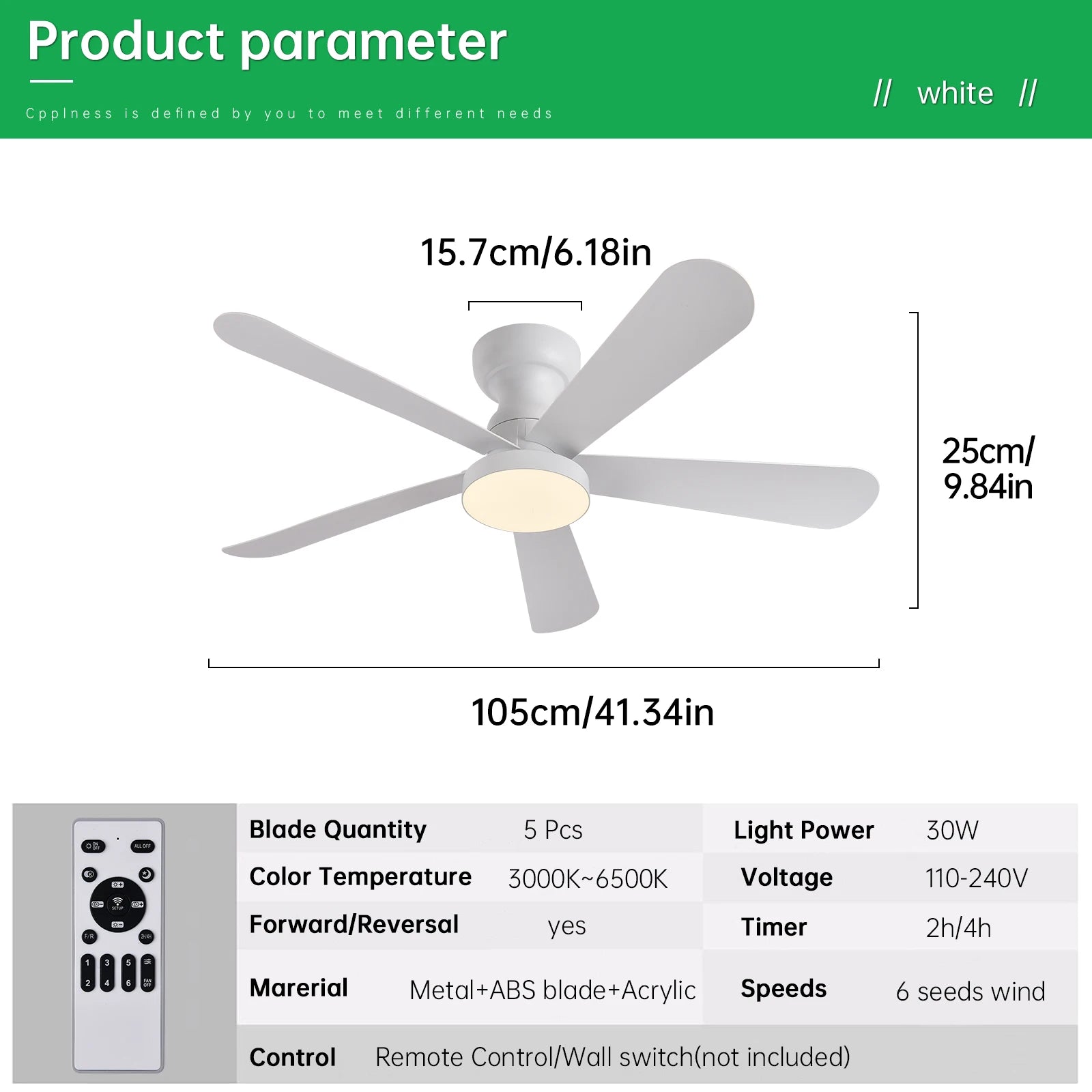 Indoor/Outdoor Flush Mount Ceiling Fan with Remote Control - 5 Blade Low Profile Fandelier - Reversible Quiet Timer