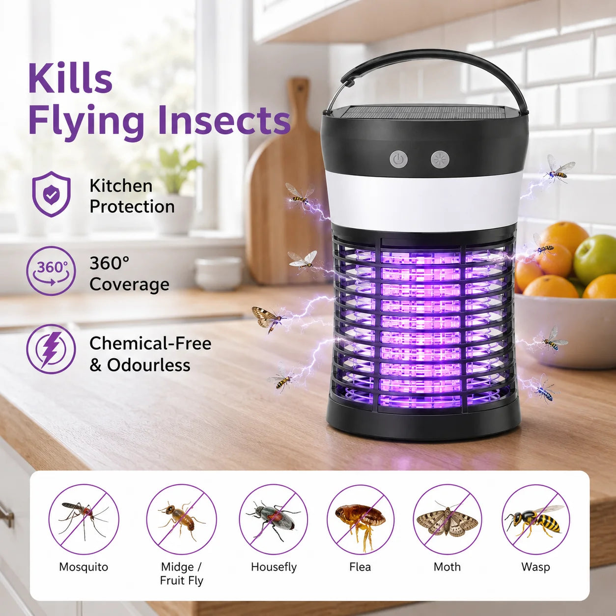 Bug Zapper Electric Solar Mosquito Killer 3000V Rechargeable Insect Fly Trap for Indoor & Outdoor