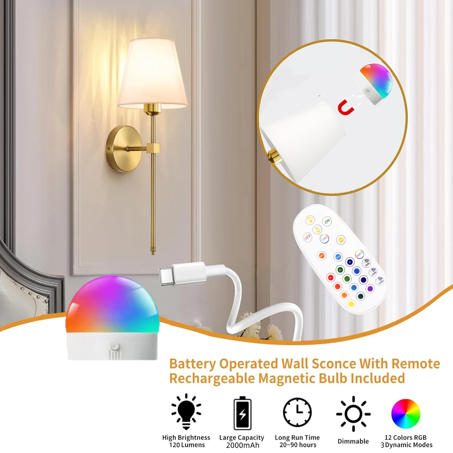 Wireless Battery Powered Wall Lamp Rechargeable Wall Lamp Dimmable Detachable Bulb Remote Control 15 Color Wireless Wall Lamp