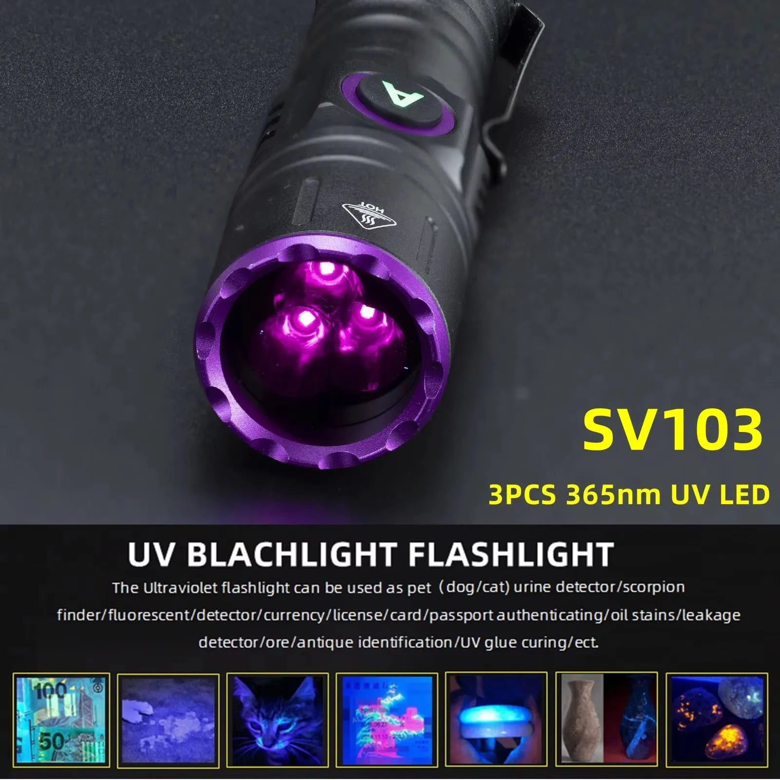 3x365nm UV LED Flashlight High Power Blacklight USB Rechargeable CatDog Pet Stain Tinea UV Glue Curing Scorpion Lamp Torch