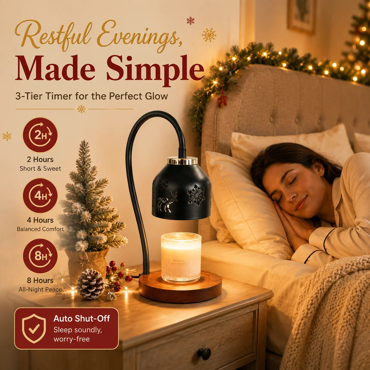 Christmas Candle Warmer Lamp Snowflake Deer Hollow Table Lamp with Adjustable Height 4 Dimmable Brightness Levels 2H 4H 8H Timer Auto Shut off Flameless Smoke Free Candle Melter Lamp for Bedroom Home Decor Ideal Christmas Hol