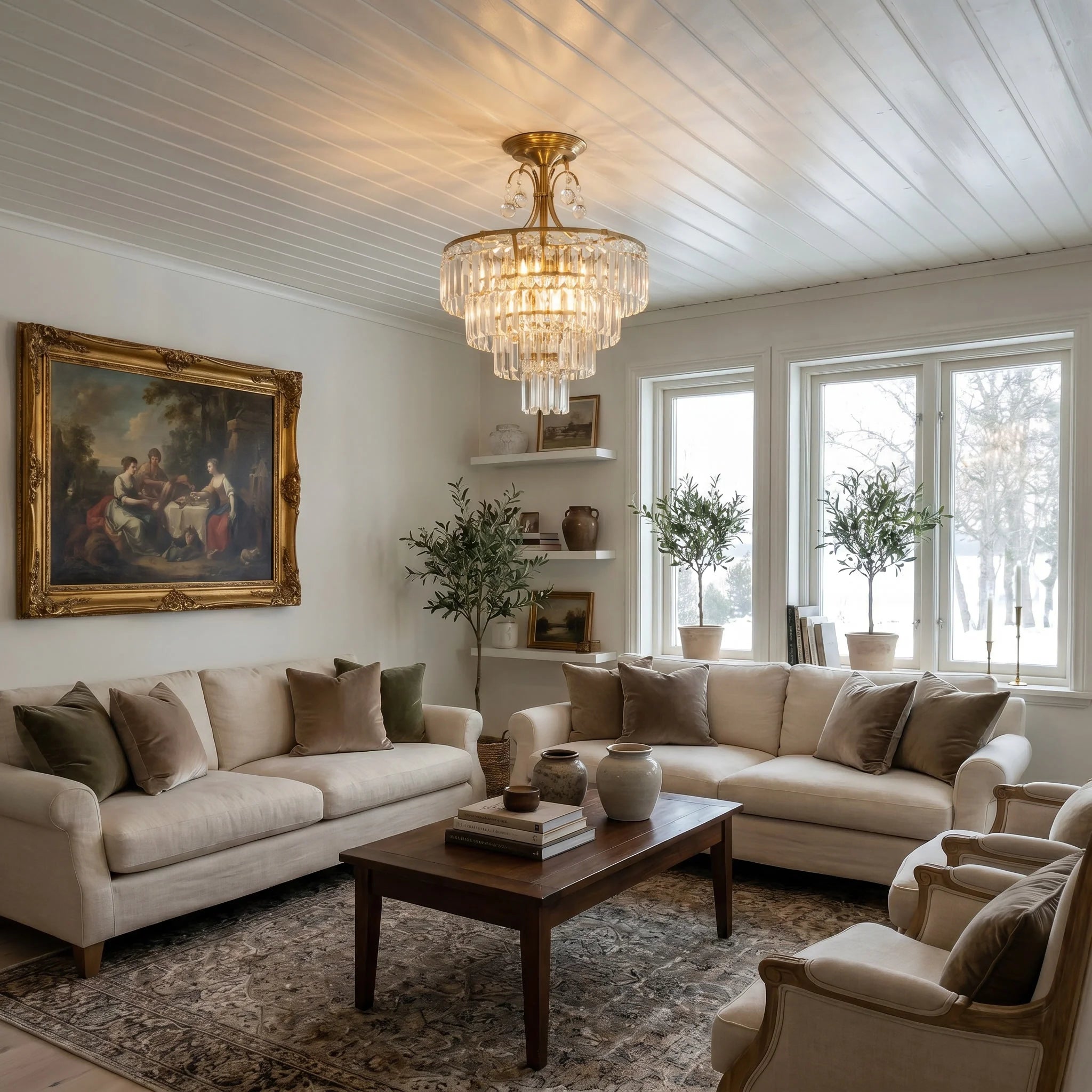 Luxury Gold Crystal Ceiling Light, Round Dimmable Semi-Flush Mount Modern Crystal Ceiling Light for Dining Room/Bedroom/Hallway