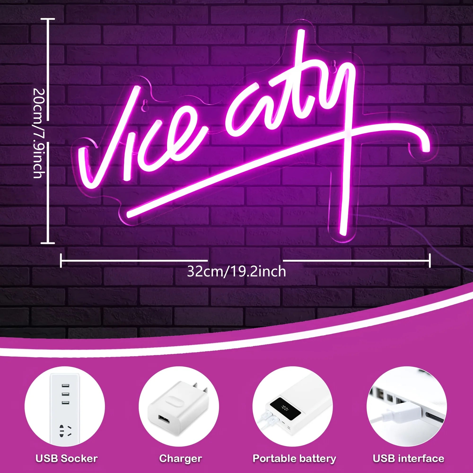 Vice City Neon Sign Handwritten letters for Wall Decor USB LED Neon Light Sign for Bedroom Man Cave Game Room Decor