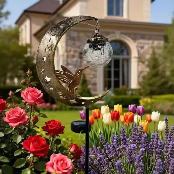 Solar Lawn Stake Light Crackle Glass Moon Hummingbird Silhouette Auto On Off Waterproof Solar Outdoor Yard Path Decor Lamp
