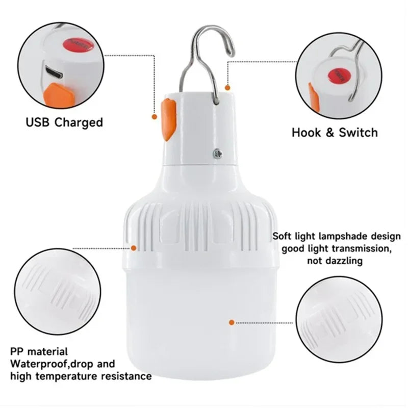 1PC 60W USB Rechargeable LED Lamp Bulb Portable Emergency Light for Camping Fishing Night Outdoor Hook-Up Lantern LT014