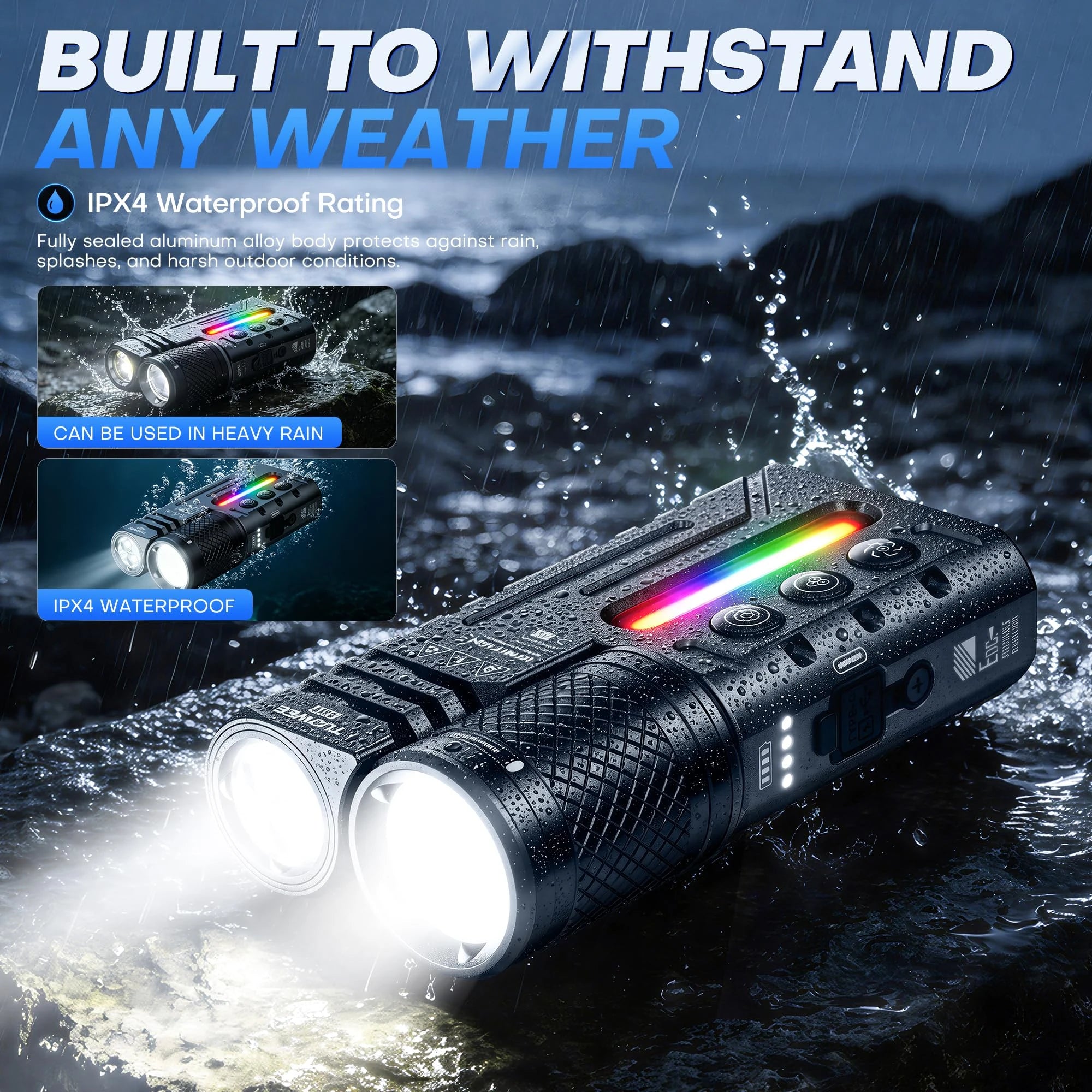 IPX4 Waterproof 3000LM Zoomable Tactical Flashlight, USB-C Rechargeable Dual Light Flashlight with RGB Light, Multi Modes EDC Torch for Outdoor Camping Emergency Gift Pack Version