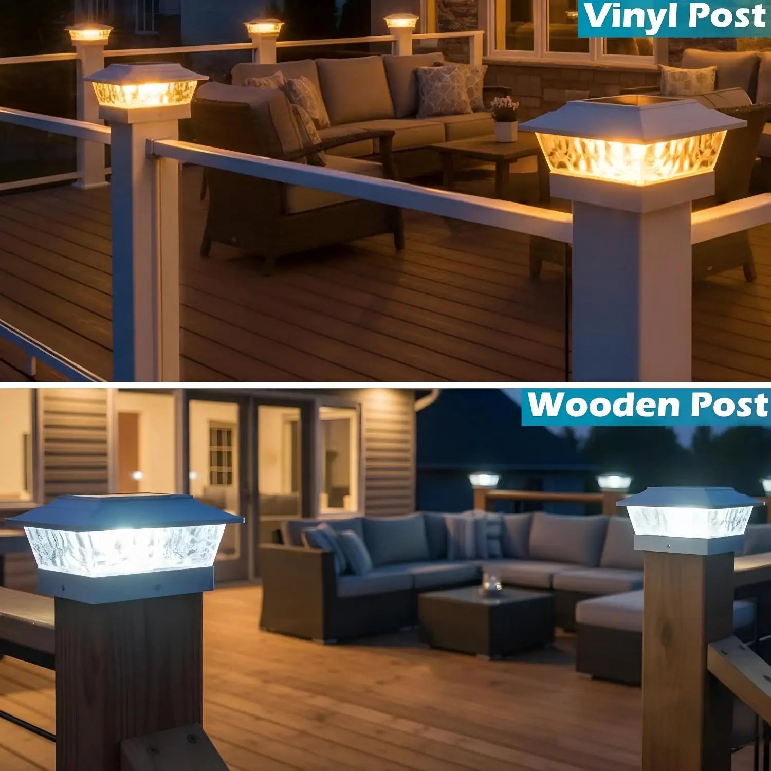 (6 Pack, White/Black) Solar Post Lights Outdoor 12 LEDs 4 Modes Post Cap Light for 4x4 5x5 6x6 Vinyl Wooden Deck Fence Posts Garden Patio Decor, Warm/Cool White Dynamic Lighting