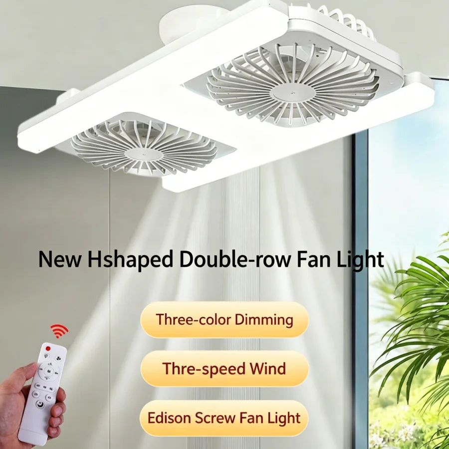 Modern Double Head Ceiling Fan Light with Remote Control Dimmable LED Quiet 60W 3-Speed Timing Fan Light E27 Base 85-265V