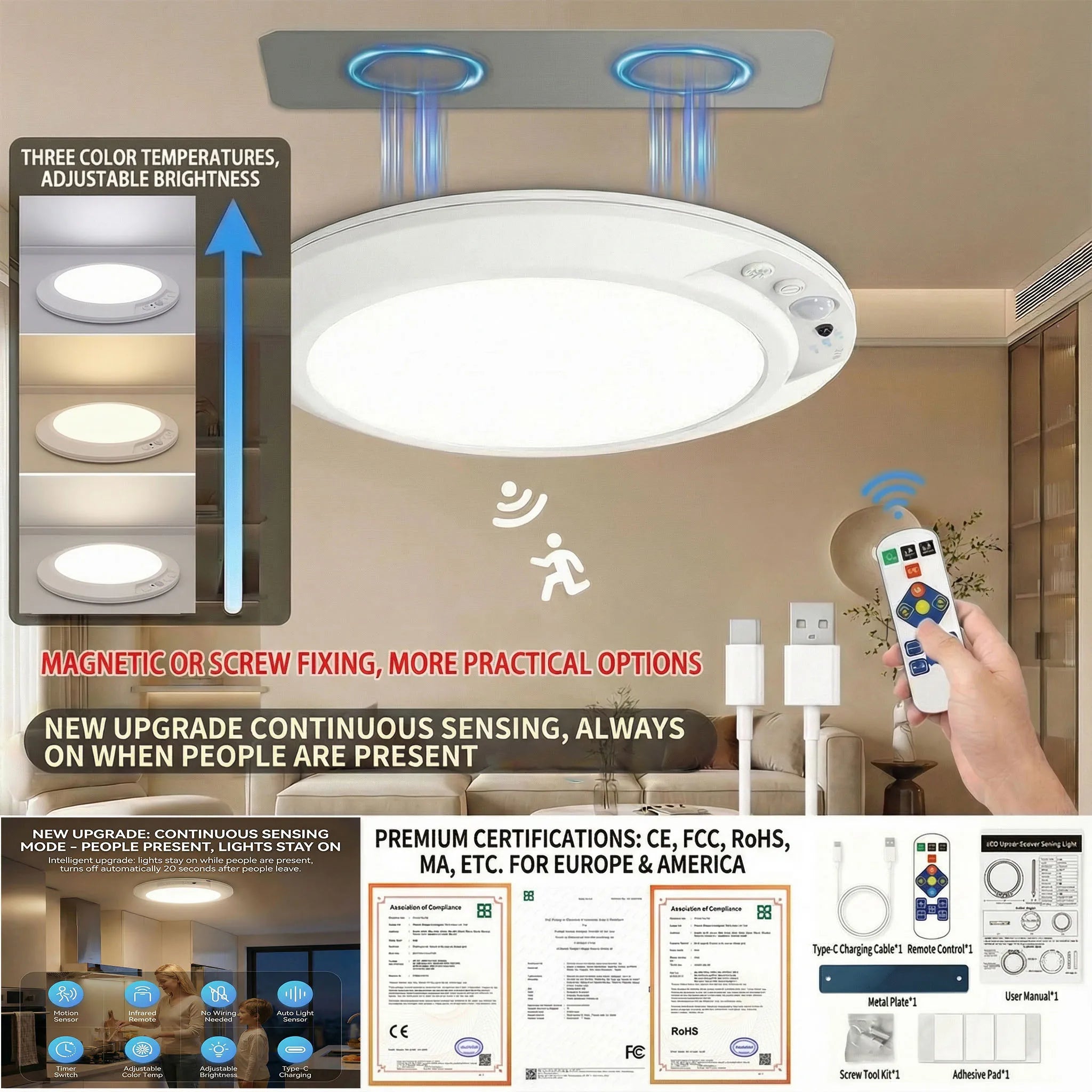 Rechargeable Motion Sensor Ceiling Light Magnetic Wireless Smart LED Lamp Dimmable 3000K-6000K for Bedroom Hallway