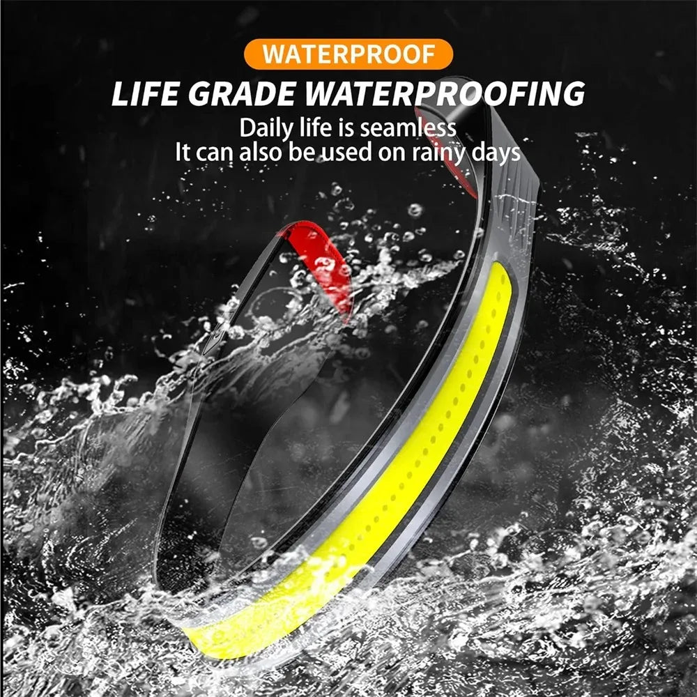 COB Headlight Rechargeable 3Lighting Modes Floodlight with Tail Red Light Wide Angle Lighting for Outdoor Running Work Headlight