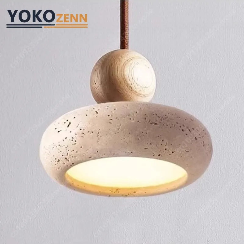 Japanese Travertine Stone LED Pendant Light, Wabi-Sabi Natural Stone Chandeliers for Kitchen Island Restaurant Bedroom Decor
