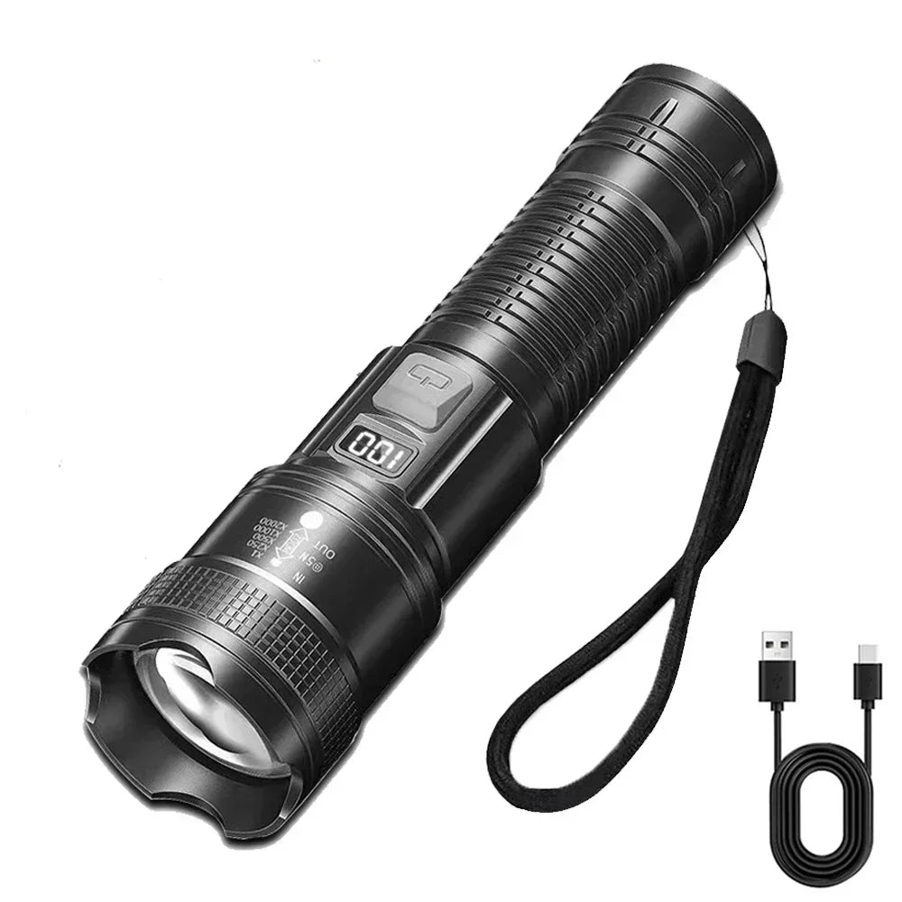 Powerful LED Flashlight with Battery Display USB Rechargeable Light Telescopic Zoom Torch Lamp Outdoor Camping Fishing Lantern