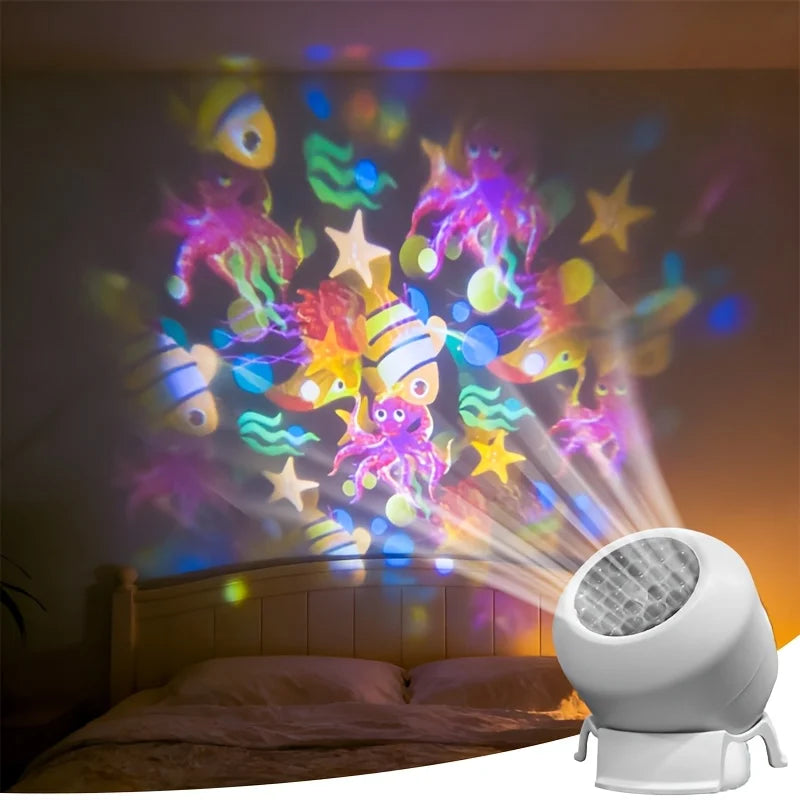 LED Night Light Starry Ocean Projection Light 360°Rotating Decorative Light Marine Life Theme Dynamic Ambient Lamp Room Decora