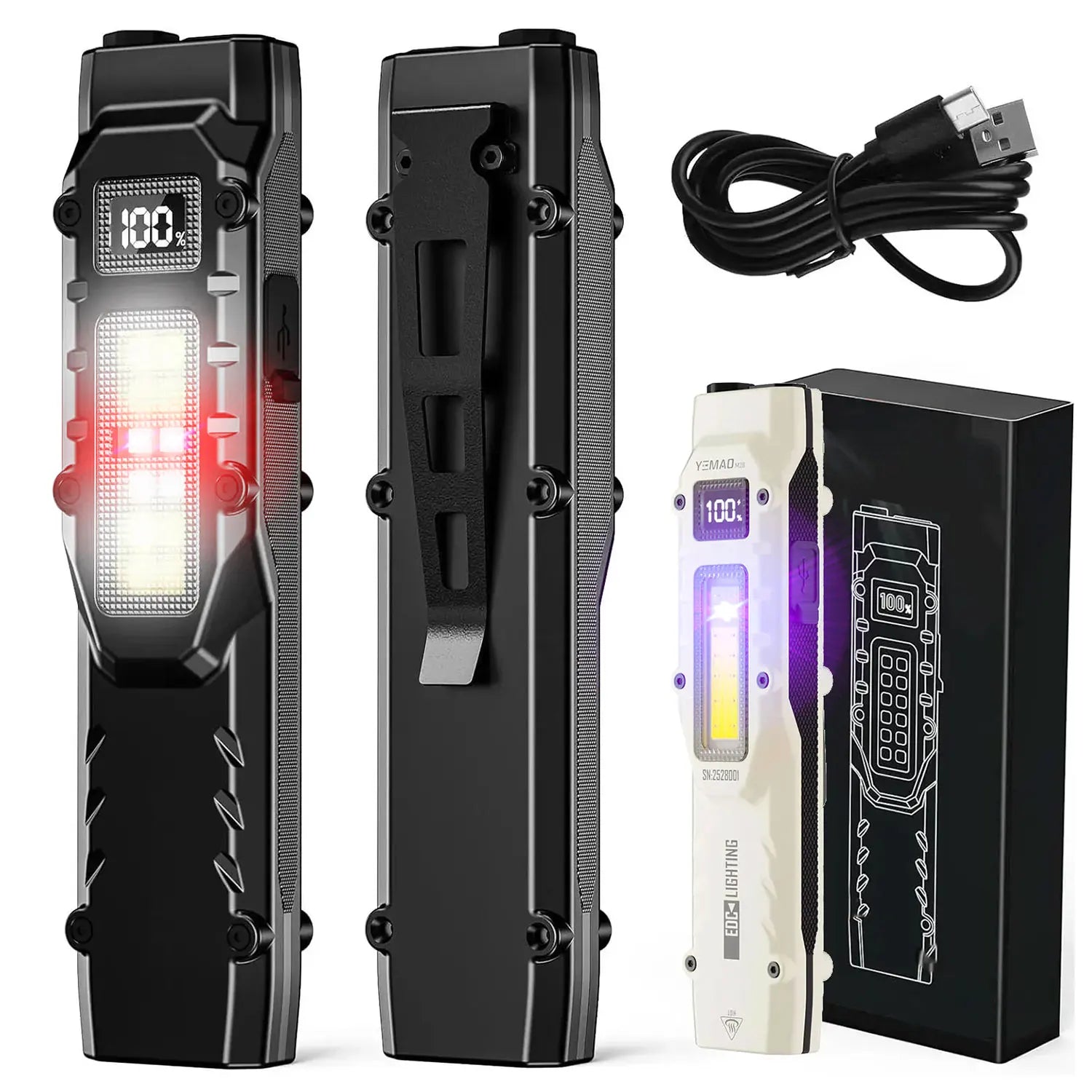 eDC tactical flashlight,1100LM rechargeable lED flat flashlight w/Clip & digital display,Pocket flashlight for camping emergency