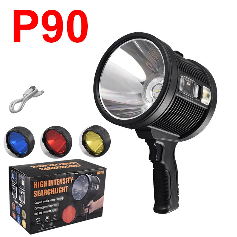 900000LM Rechargeable Led Spotlight Waterproof Handheld Large Flashlight Most Powerful Outdoor Solar Spotlights Searchlight