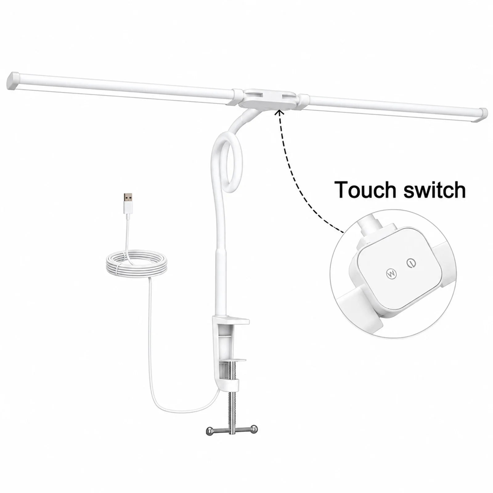 Double Head Desk Lamp LED Clip-on 3 Modes Brightness Adjustable 3000K-6000K USB Adapter Computer Screen Light 180 Degree Foldable for Reading Studying Office