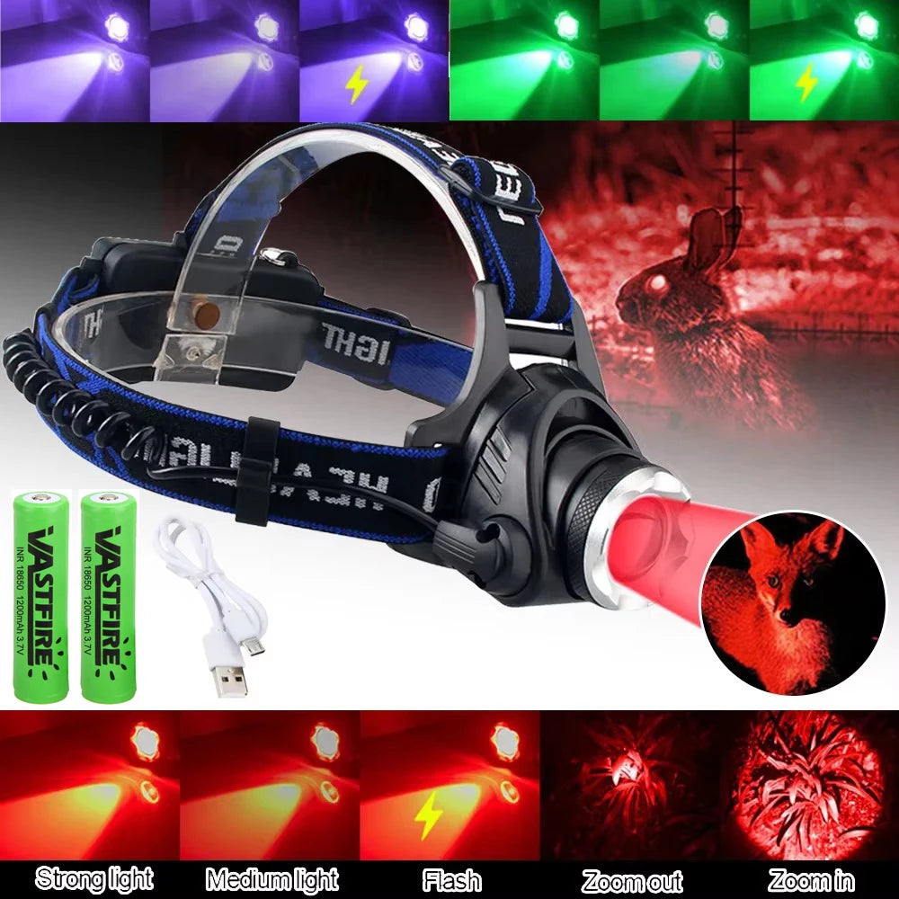 Headlamp Red Light Green Head LED Flashlight Outdoor XPG Headlight Tactical Camping Hunting Fishing Zoomable Fishing Headlamp