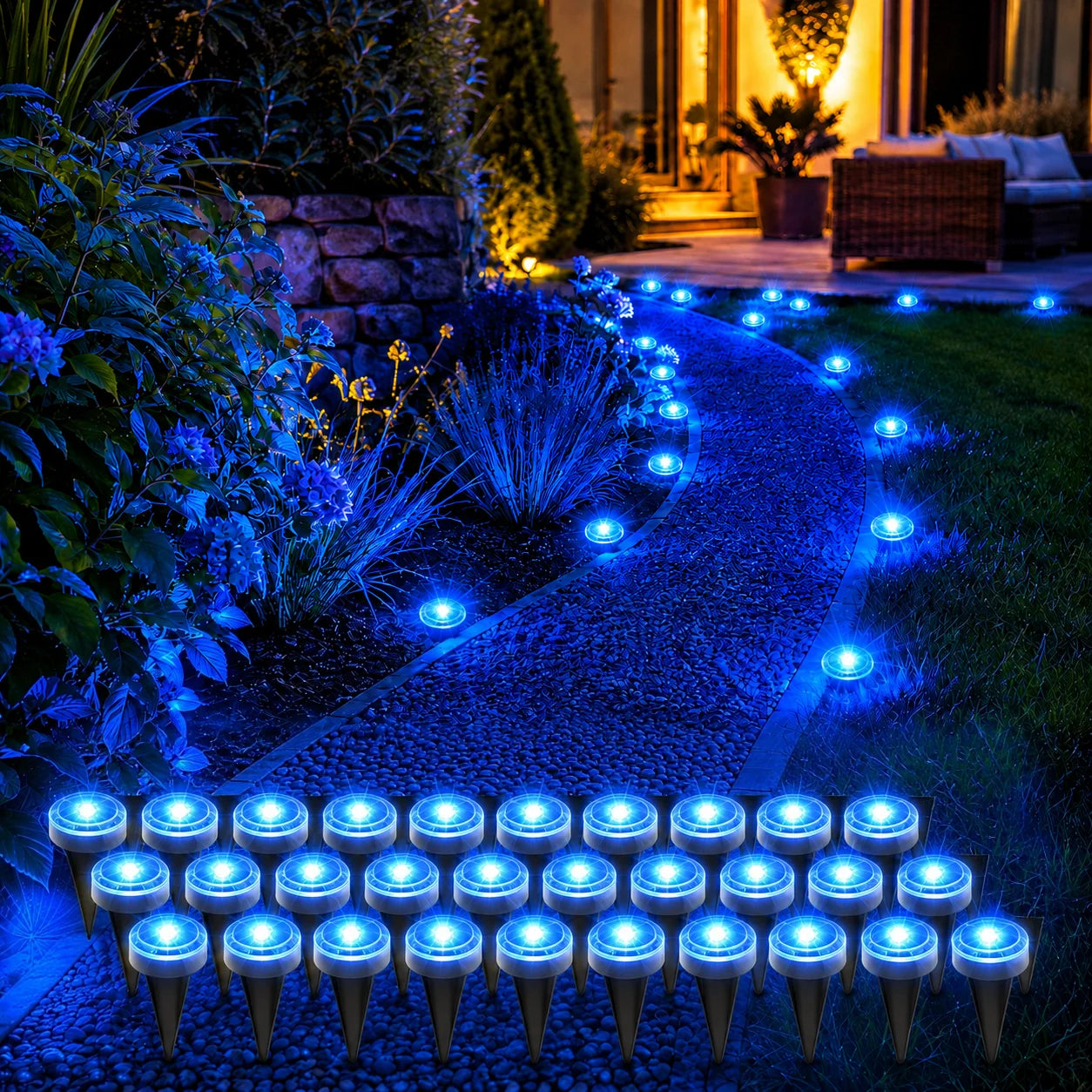 30 Pack Solar Ground Lights Outdoor, Blue LED Pathway Lights with 8 Lighting Modes, IP65 Waterproof Solar Garden Lights for Yard Lawn Walkway Patio Halloween Decorations
