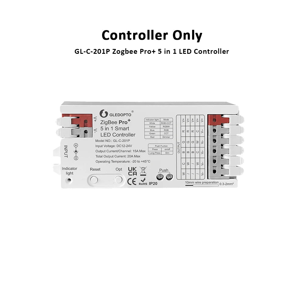 GLEDOPTO ZigBee 5 in 1 LED Controller 20A Max RGBCCT RGBW RGB CCT DIM Smart Life APP Alexa Voice Control with IR Sensor Switch