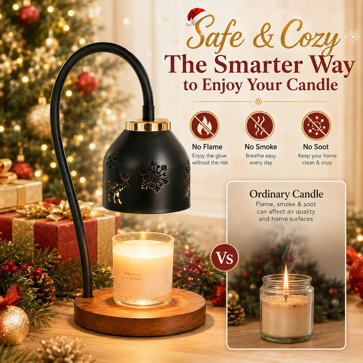 Christmas Candle Warmer Lamp Snowflake Deer Hollow Table Lamp with Adjustable Height 4 Dimmable Brightness Levels 2H 4H 8H Timer Auto Shut off Flameless Smoke Free Candle Melter Lamp for Bedroom Home Decor Ideal Christmas Hol