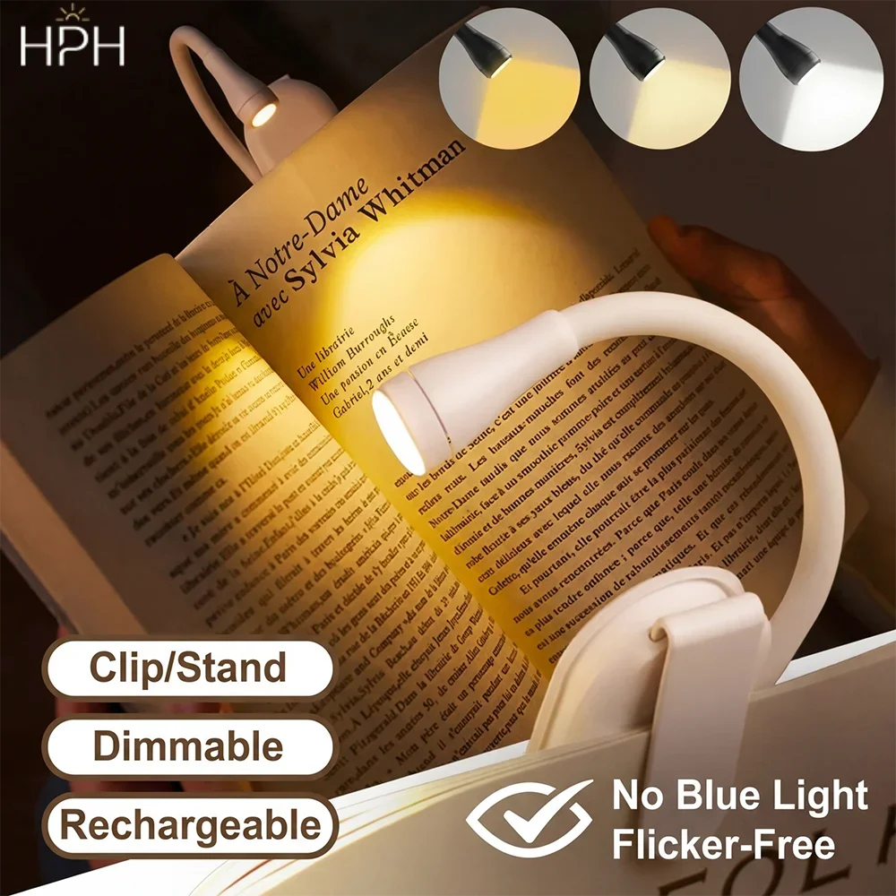HPH LED Reading Light USB Rechargeable Mini Book Light Clip-on Night Light Stepless Dimmable Eye Protection Desk Lamp for Kids