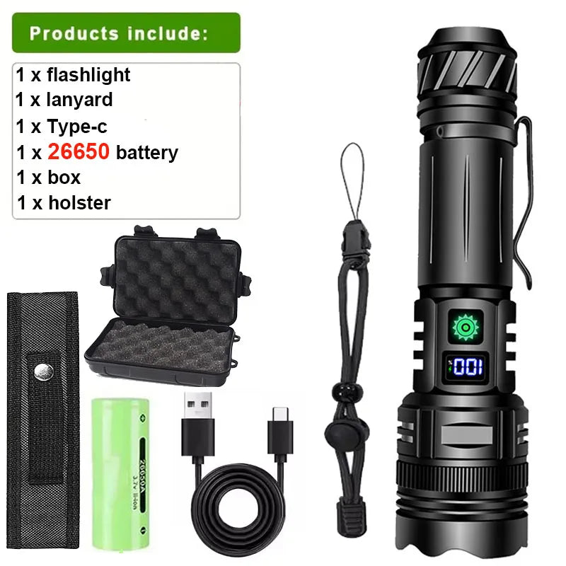 Powerful Aluminum Alloy LED Flashlight Usb Rechargeable Torch Lighting Zoomable Waterproof Flashlight With 26650 Battery