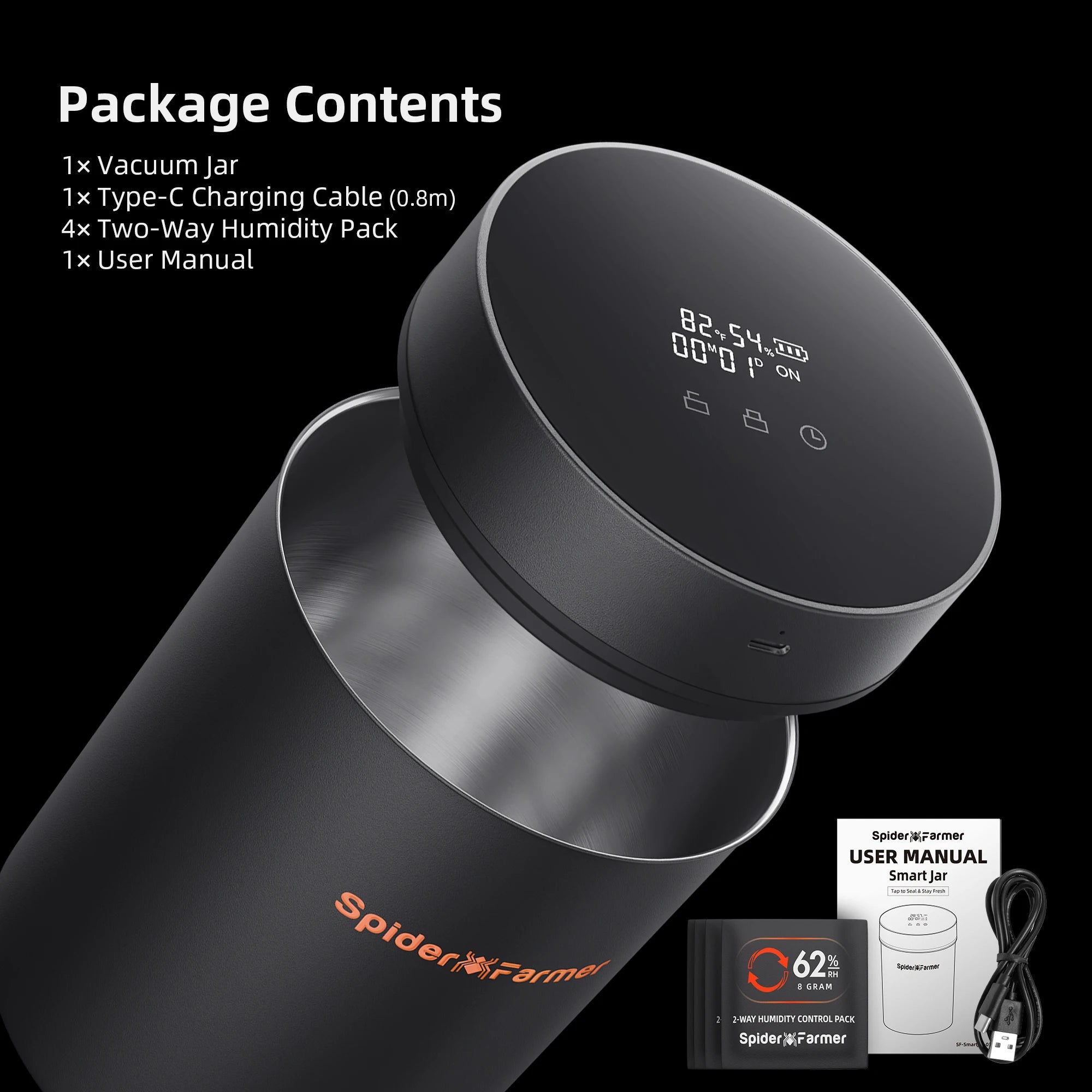Spider Farmer 2L Smart Vacuum Sealing Jar Airtight Intelligent Control Lid-Spices, Herbs, Coffee Beans Preservation Container