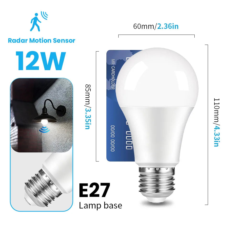 2PCS  LED Bulb Light E27 12W Radar Motion Sensor 220V White Lamp Working in Night Auto On for Home Living Room Stairs Pathway