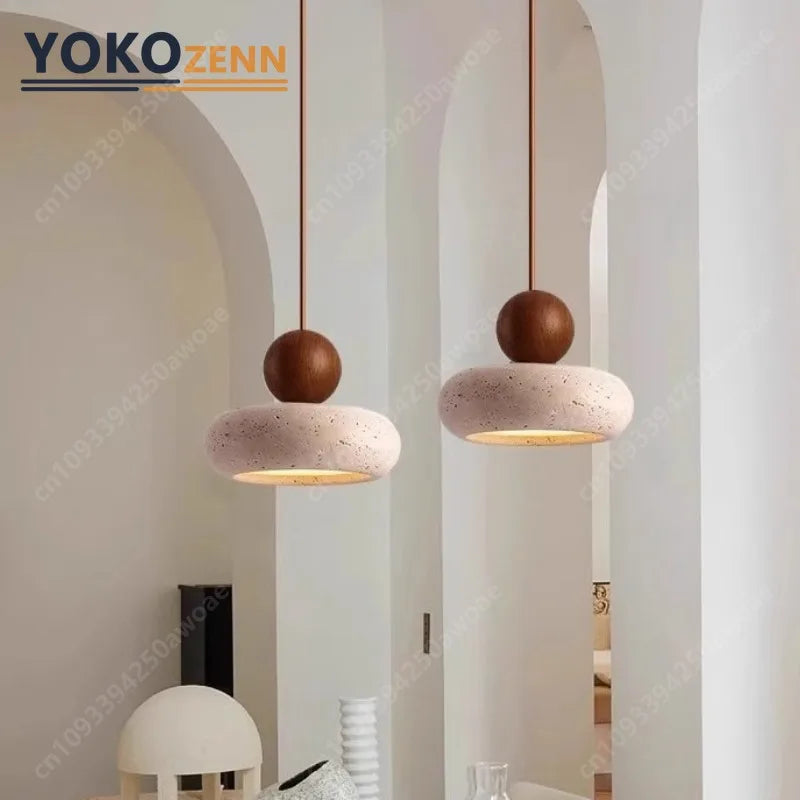 Japanese Travertine Stone LED Pendant Light, Wabi-Sabi Natural Stone Chandeliers for Kitchen Island Restaurant Bedroom Decor