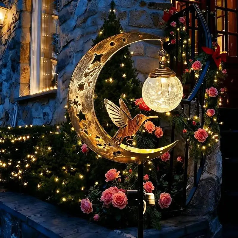 Solar Lawn Stake Light Crackle Glass Moon Hummingbird Silhouette Auto On Off Waterproof Solar Outdoor Yard Path Decor Lamp