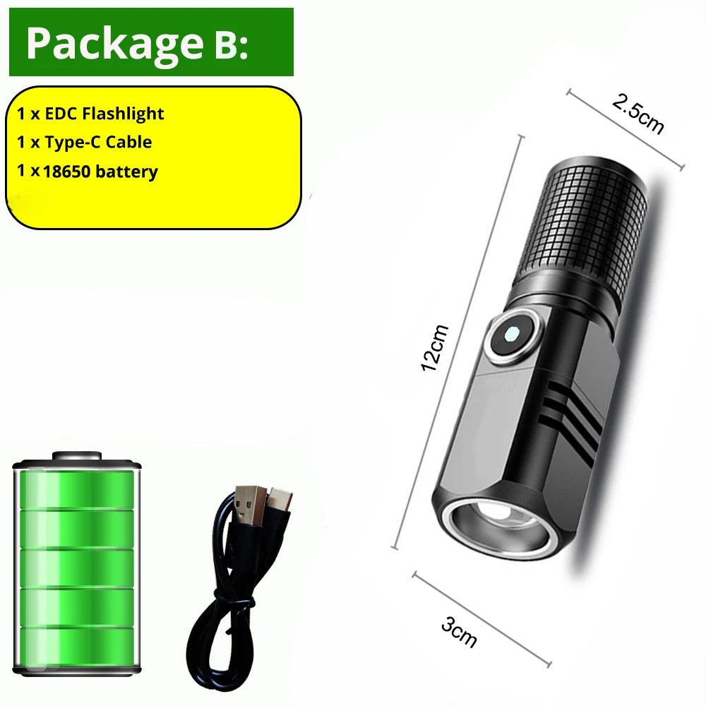 2024 Powerful Led MINI Flashlight XHP90 Built in Battery Shot Long Type-c Rechargeable Flash Light EDC Torch Lamp For Camping