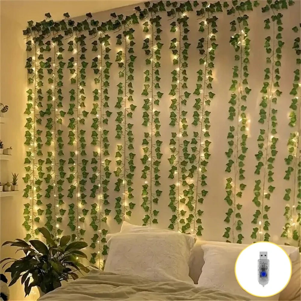 1PC 3M100LED Warm White Green Ivy Leaf LED String Light,USB-Powered Indoor Curtain Decor for Holiday,Wedding,and Party