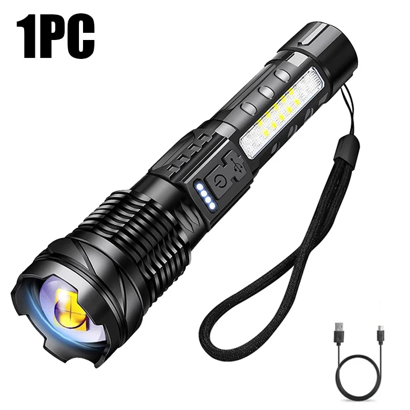 Telescopic Zoom Tactical Flashlights Rechargeable LED Torch 4 Lighting Modes Long-Range Waterproof Camping Fishing Flashlight
