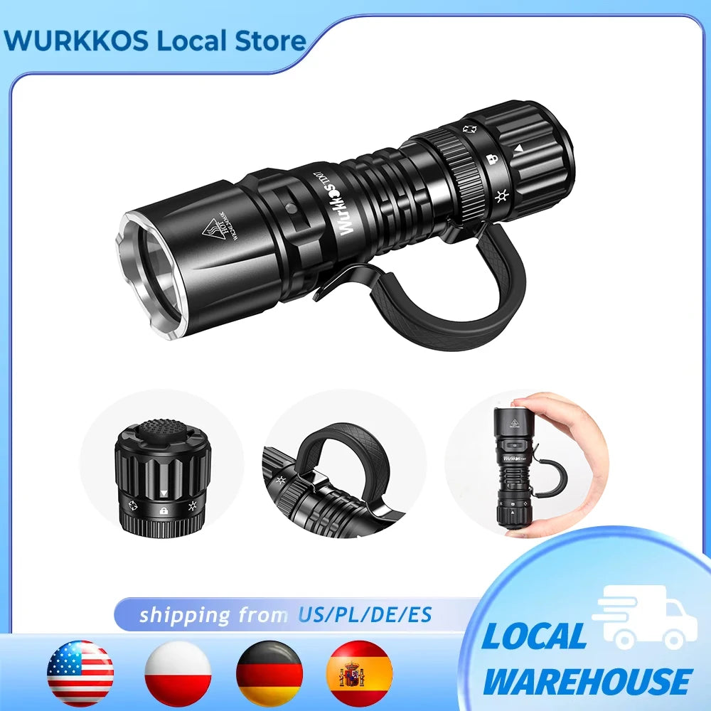 Wurkkos TD07 1300LM Tactical Flashlight 479M Long Throw IP68 Waterproof 18350 Battery Torch Dual Switches and Ring Handle Grip