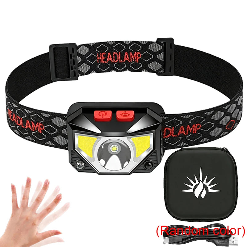 1-3PCS Rechargeable LED Headlamp Sensor Headlight With COB and LED Beads 8 Lighting Modes White and Red Light Fishing Light