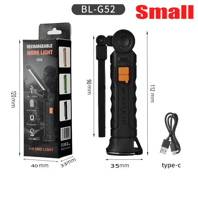 USB Rechargeable COB LED Flashlight Work Light Magnetic Torch Portable Hanging Lamp with Built-in Battery Camping Torch