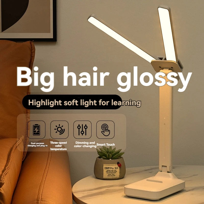USB rechargeable battery foldable dimming reading light dual head LED desk lamp