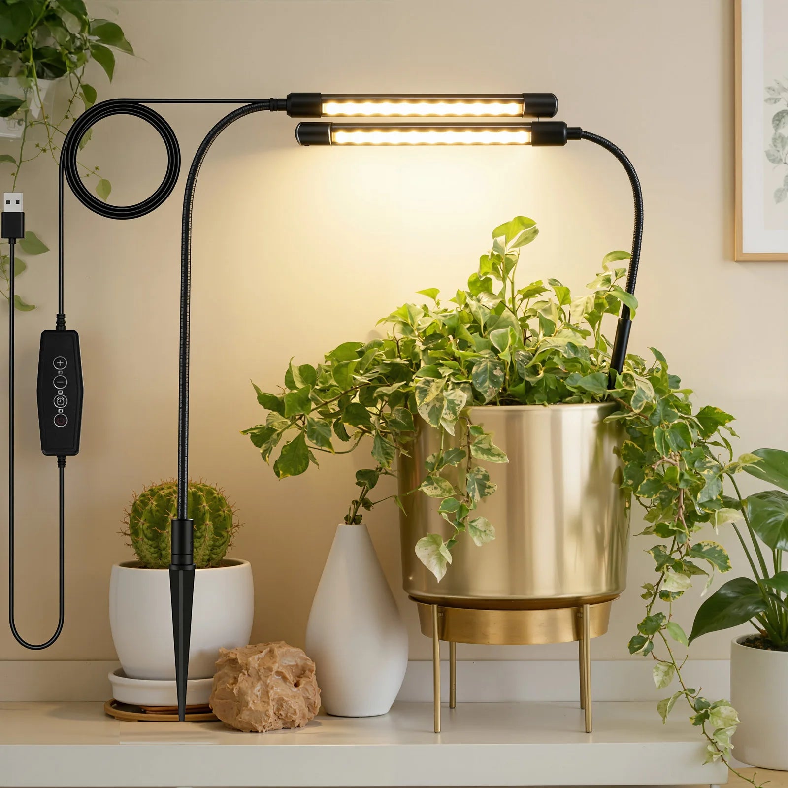 48LEDs Grow Lights for Indoor Plants 6000K Full Spectrum Ground Plug Grow Light with Gooseneck With 5 Level Dimmable & Auto Timer for Small and Indoor Plants