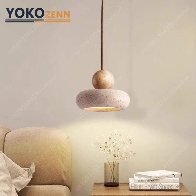 Japanese Travertine Stone LED Pendant Light, Wabi-Sabi Natural Stone Chandeliers for Kitchen Island Restaurant Bedroom Decor