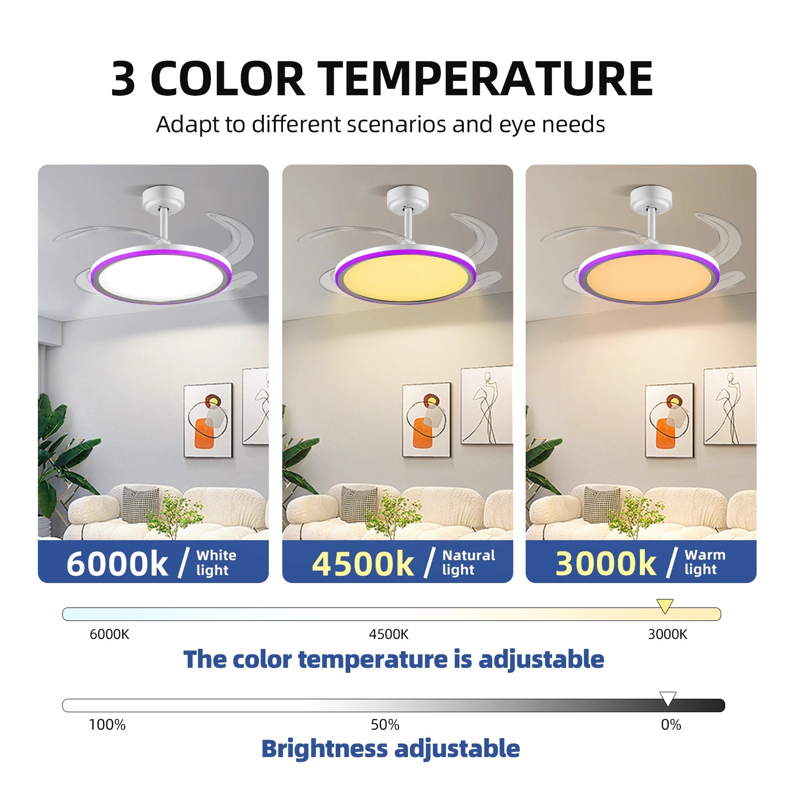 42-Inch Smart Retractable Ceiling Fan Light Breathtaking Lighting Effects, Full-Color RGB Dimming Strip with Memory Function, Bluetooth Speaker, and Convenient Control via App or Remote. Features a 6-Speed Reversible Fan for