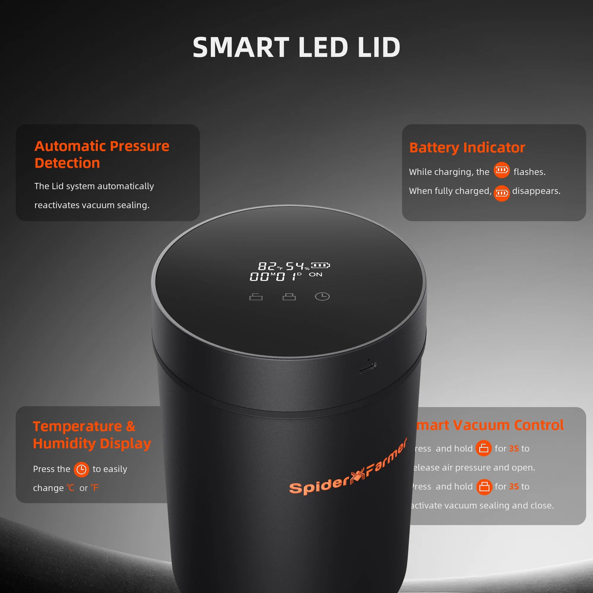 Spider Farmer 2L Smart Vacuum Sealing Jar Airtight Intelligent Control Lid-Spices, Herbs, Coffee Beans Preservation Container