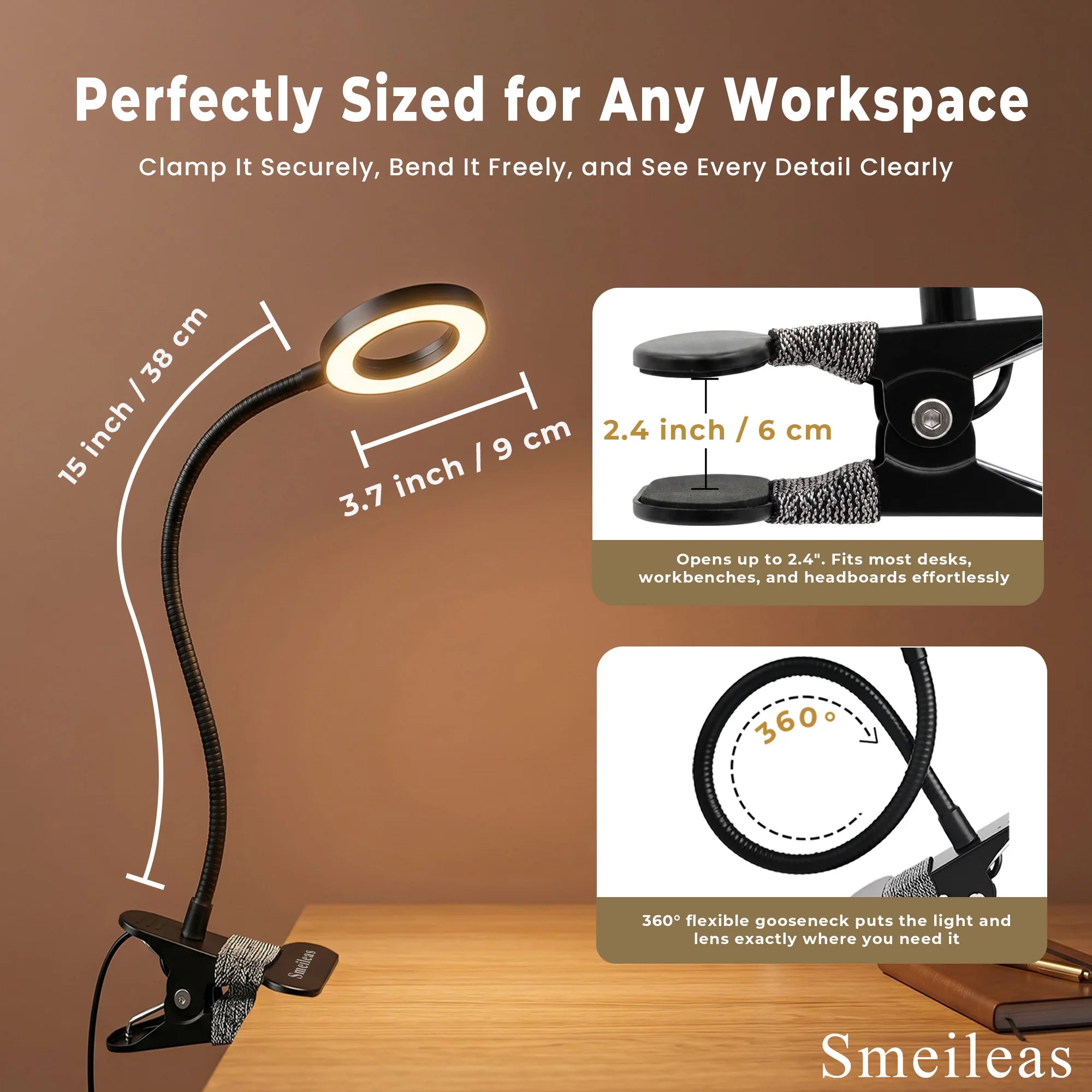 Dimmable LED Magnifying Lamp with Clamp, 3 Color Modes, Adjustable Brightness Desk Light for Reading, Repair, Eye-Care Lamp.