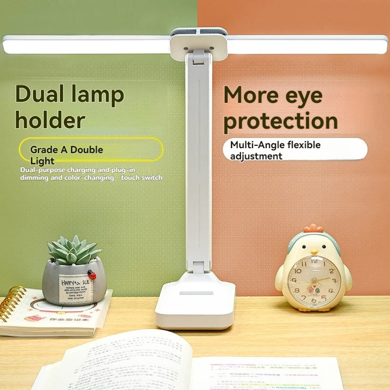 Double Head Foldable LED Desk Lamp, USB Rechargeable with 3 Colors & Dimmable Brightness for Reading, Study, Office