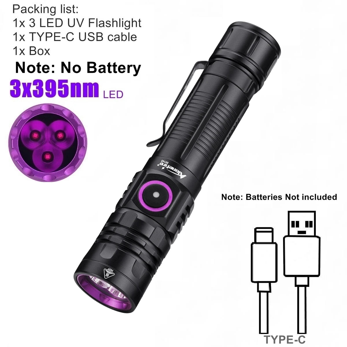 3x365nm/395nm UV LED Flashlight High Power Blacklight USB Rechargeable CatDog Pet Stain Tinea UV Glue Curing Scorpion Lamp Torch