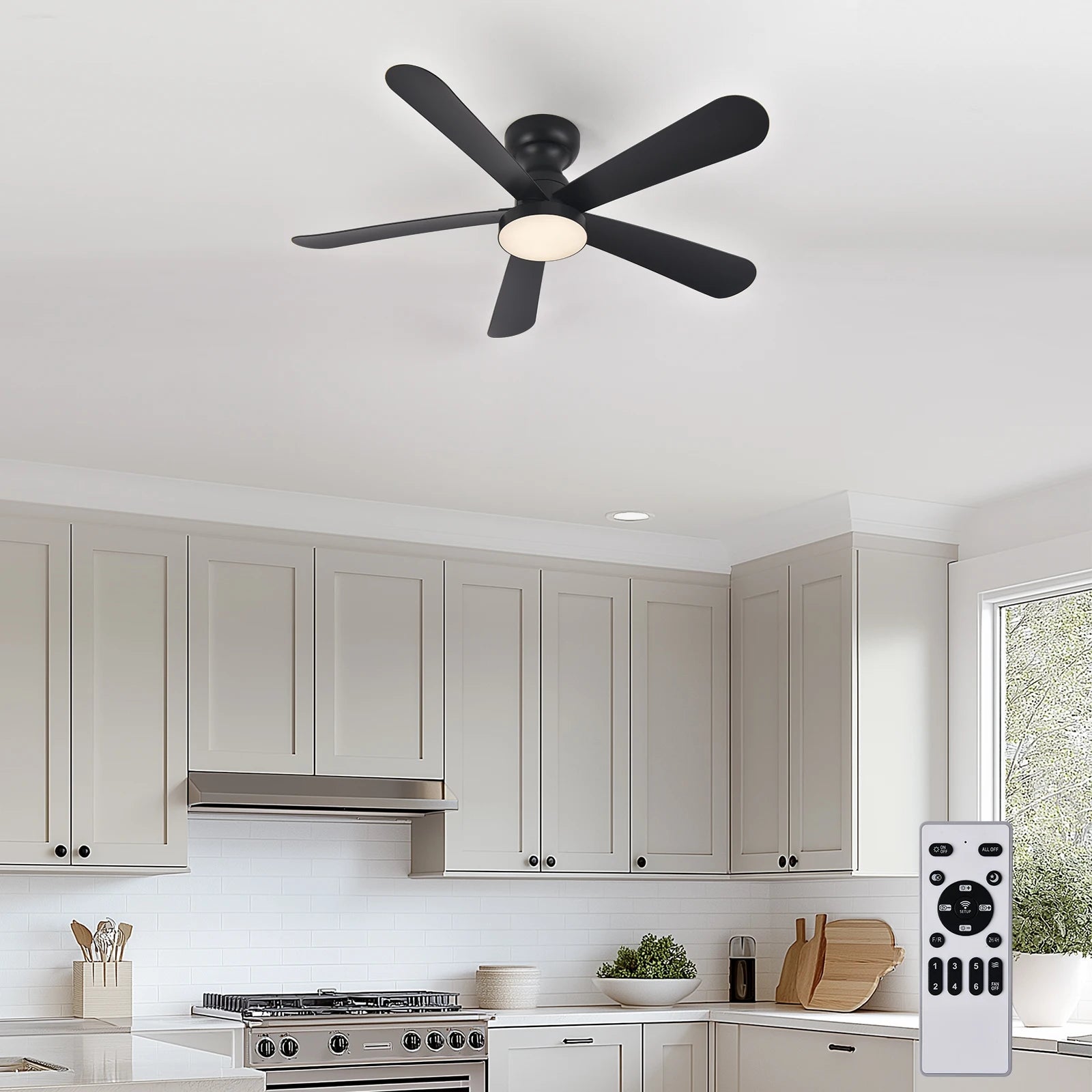 Indoor/Outdoor Flush Mount Ceiling Fan with Remote Control - 5 Blade Low Profile Fandelier - Reversible Quiet Timer