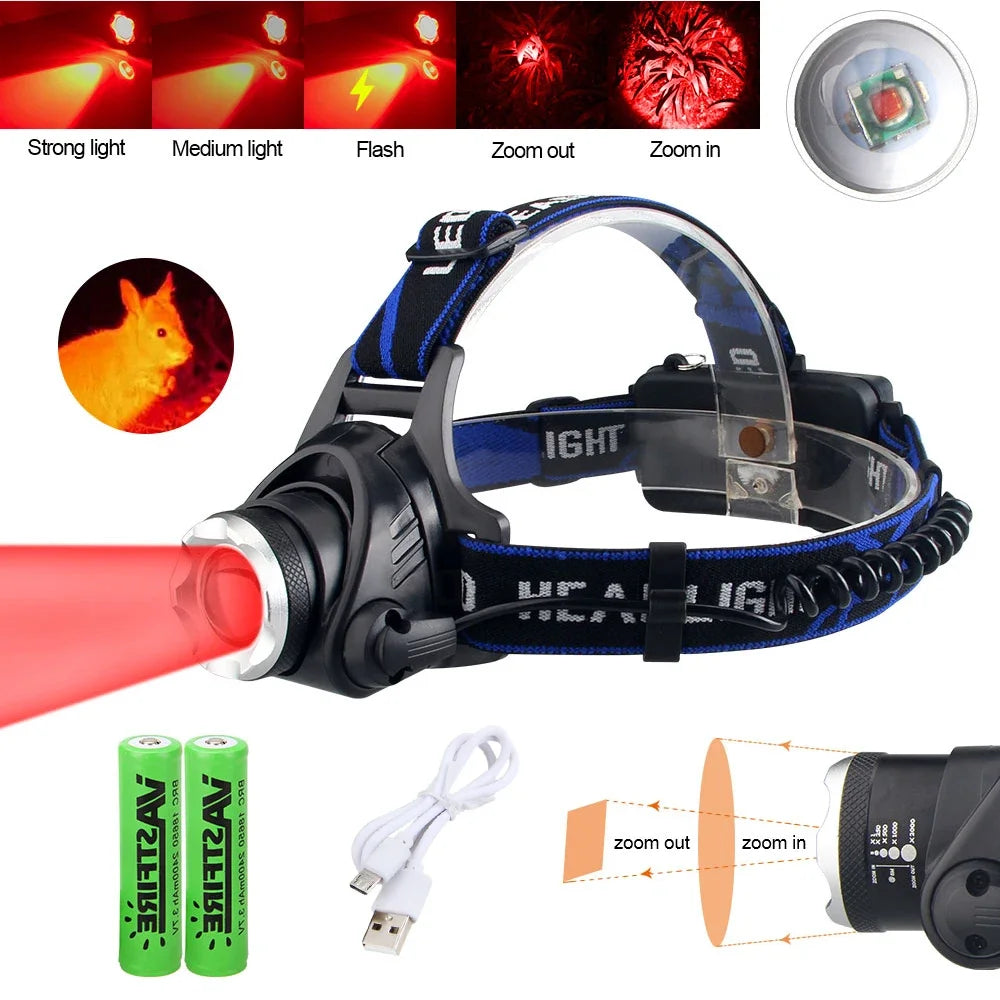 Headlamp Red Light Green Head LED Flashlight Outdoor XPG Headlight Tactical Camping Hunting Fishing Zoomable Fishing Headlamp
