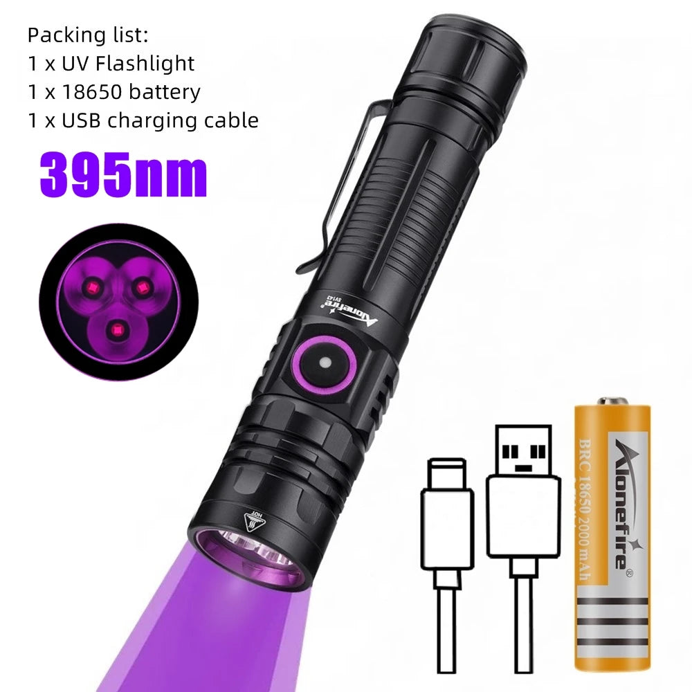 3x365nm/395nm UV LED Flashlight High Power Blacklight USB Rechargeable CatDog Pet Stain Tinea UV Glue Curing Scorpion Lamp Torch