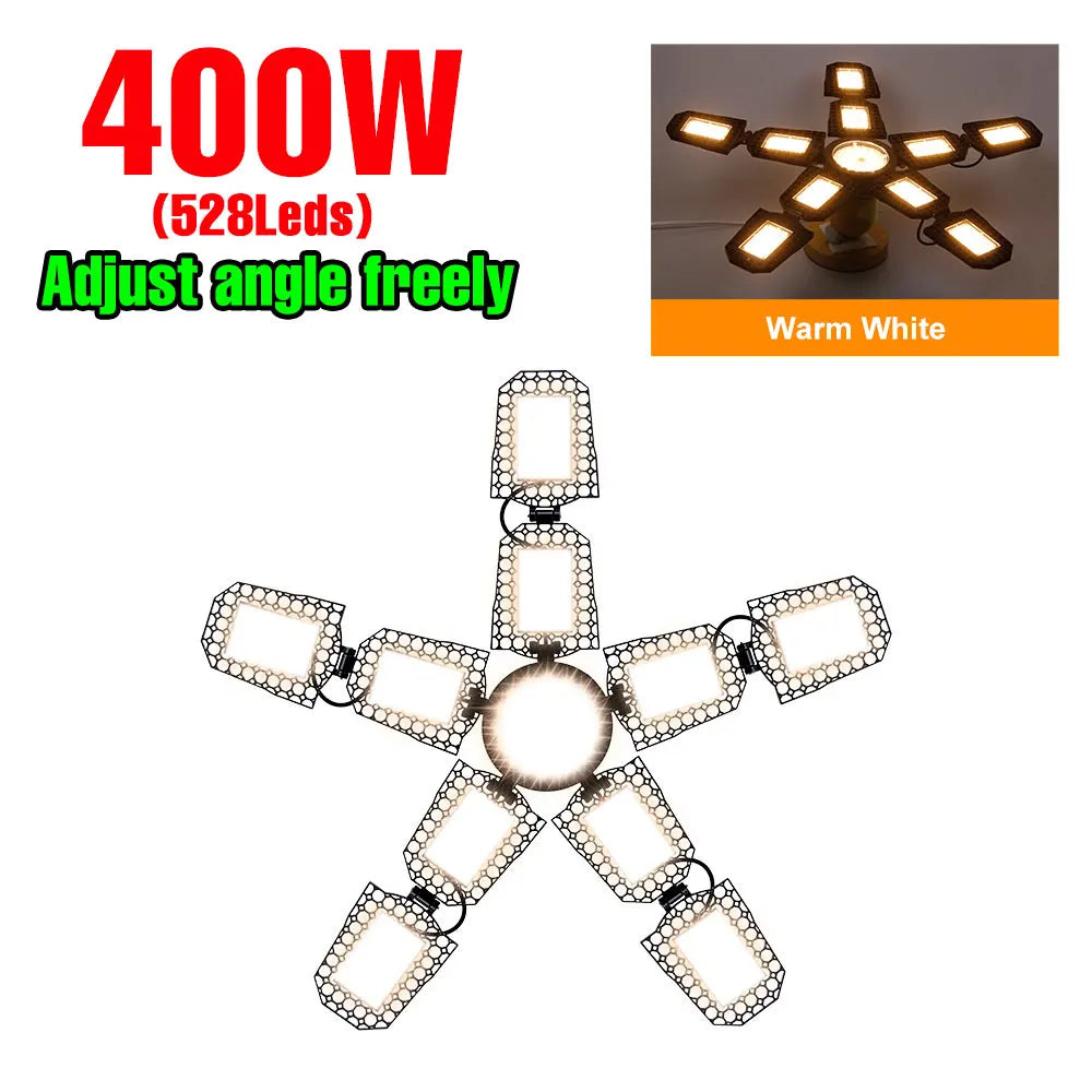 400W LED Deformation Garage Lamp E27/E26 Foldable Workshop Bulb 220V Spotlight 110V Warehouse Basements Large Area Lighting
