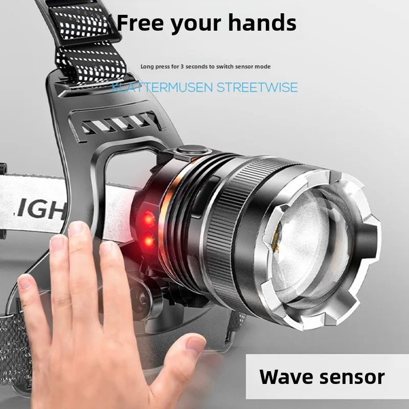 LED ultra strong headlight sensing zoom charging head flashlight high-power headlight 1000M headlight using 2 * 18650 fishing