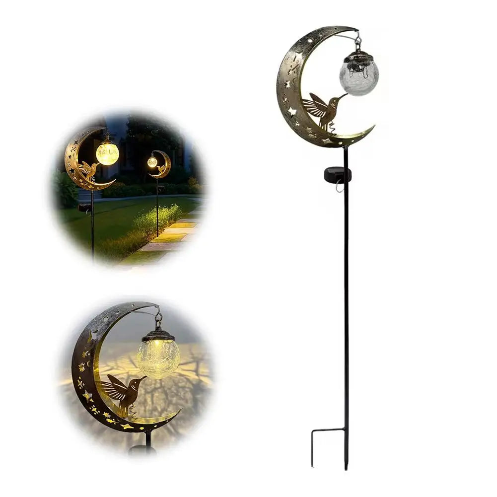 Solar Lawn Stake Light Crackle Glass Moon Hummingbird Silhouette Auto On Off Waterproof Solar Outdoor Yard Path Decor Lamp